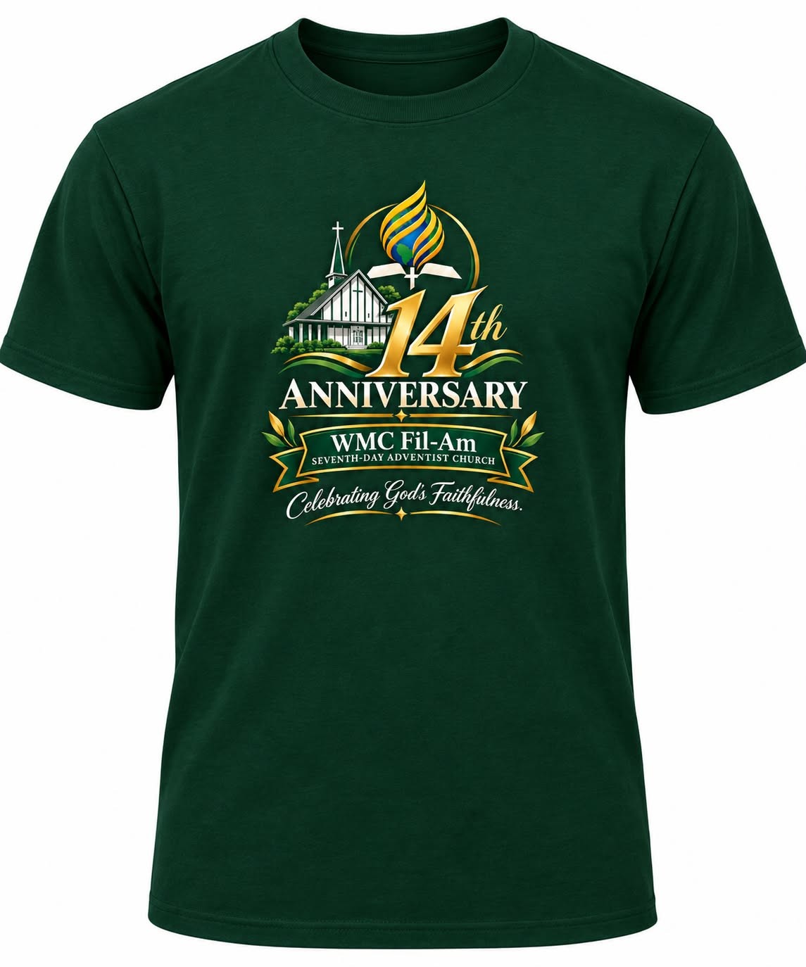 WMC Fil-Am 14th Anniversary commemorative t-shirt — forest green shirt with the church building, Seventh-day Adventist flame emblem, "14th Anniversary", and "Celebrating God's Faithfulness" design